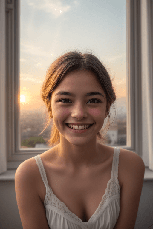 AI generated: portrait of a young girl, looking at viewer, 16 years old, 85mm, f/1.4, sunshine on her face, soft n...