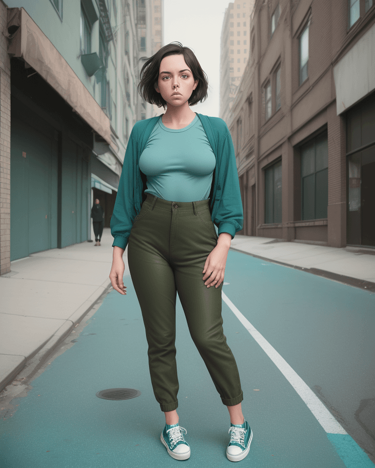 AI generated: realistic, female, 5' in height, short dark hair, surprised, wearing teal bodysuit, and olive pants,...
