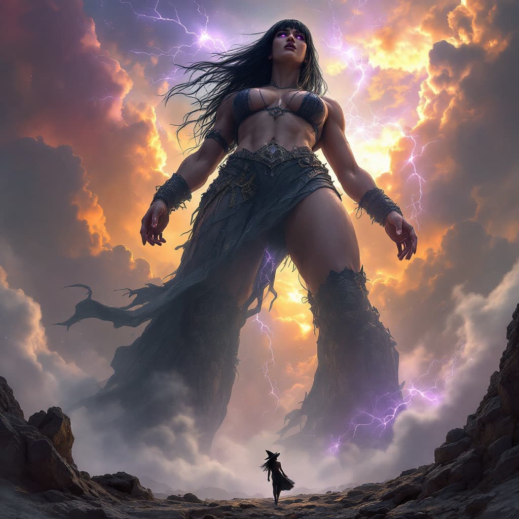 AI generated: enormous giantess female Rhea Ripley from WWE with black medium length hair and straight bangs, bigg...