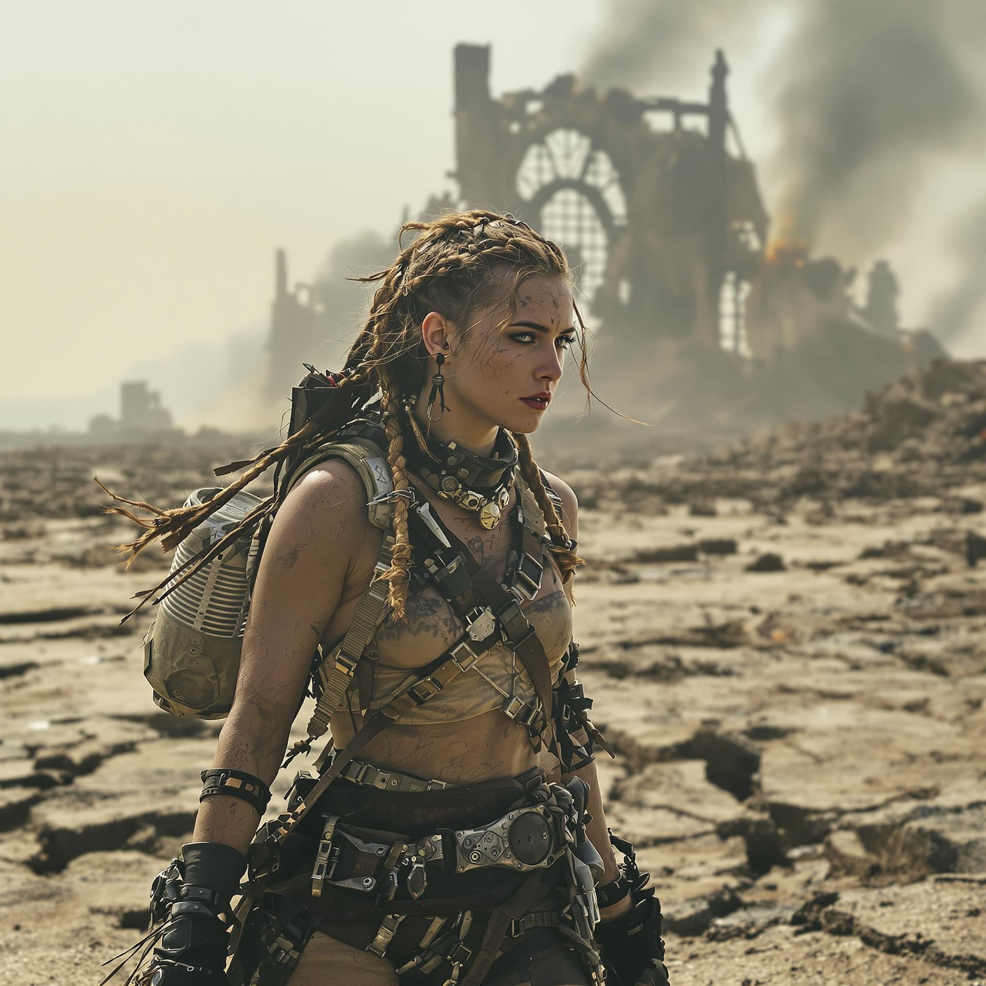 AI generated: A resilient wasteland scout, with weathered skin, a determined gaze and hair braided with found obje...