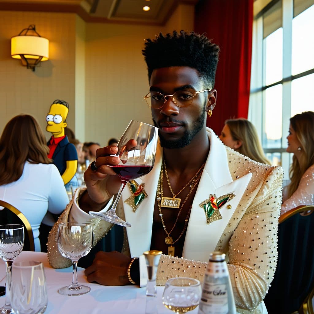 AI generated: gay queeen sipping on a glass of wine while being on a cocktail course for beginners together with f...