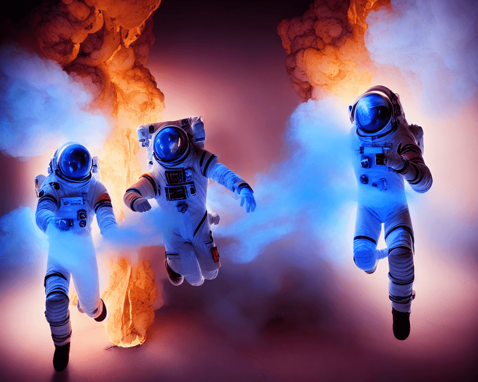 AI generated: two   white astronauts are  running wild in a futuristic corridor in a spaceship. the room is full o...