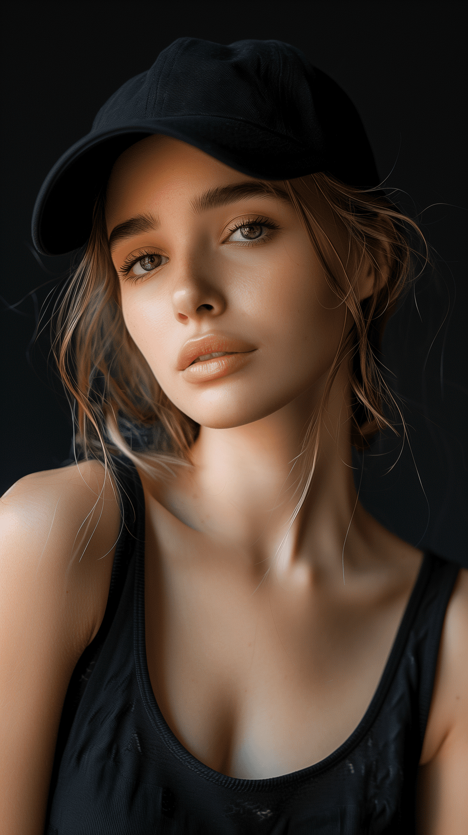 AI generated: photograph, upper-body shot, young woman model, street fashion style, black cap, gaze to front, top-...