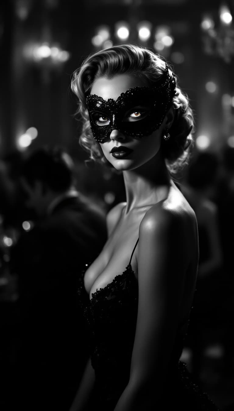 AI generated: A stylized b/w film noir photograph (glossy+ gel print). Charming,  classy, mysterious++ woman in a ...