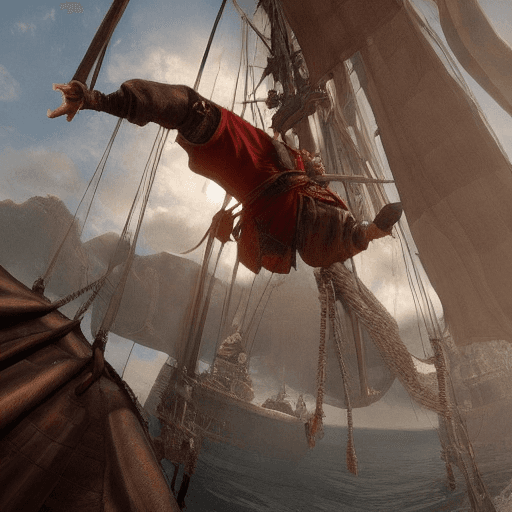 AI generated: an old pirate man doing acrobatics, ifghting on a boat  video game,  epic fantasy, art by ,  Marc Si...