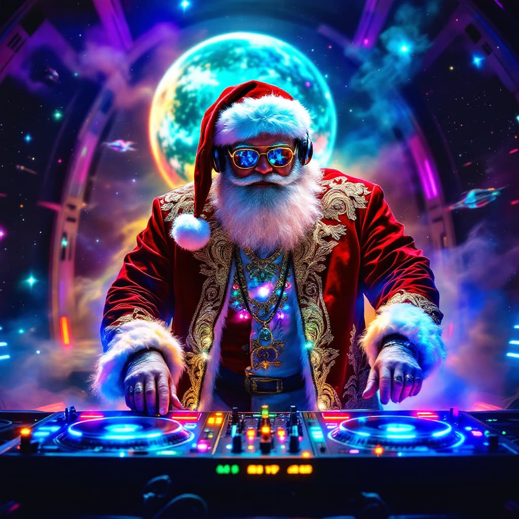 AI generated: DJ Santa Claus standing behind the 3 Technics turntables decks. with glasses, headphones, his velvet...