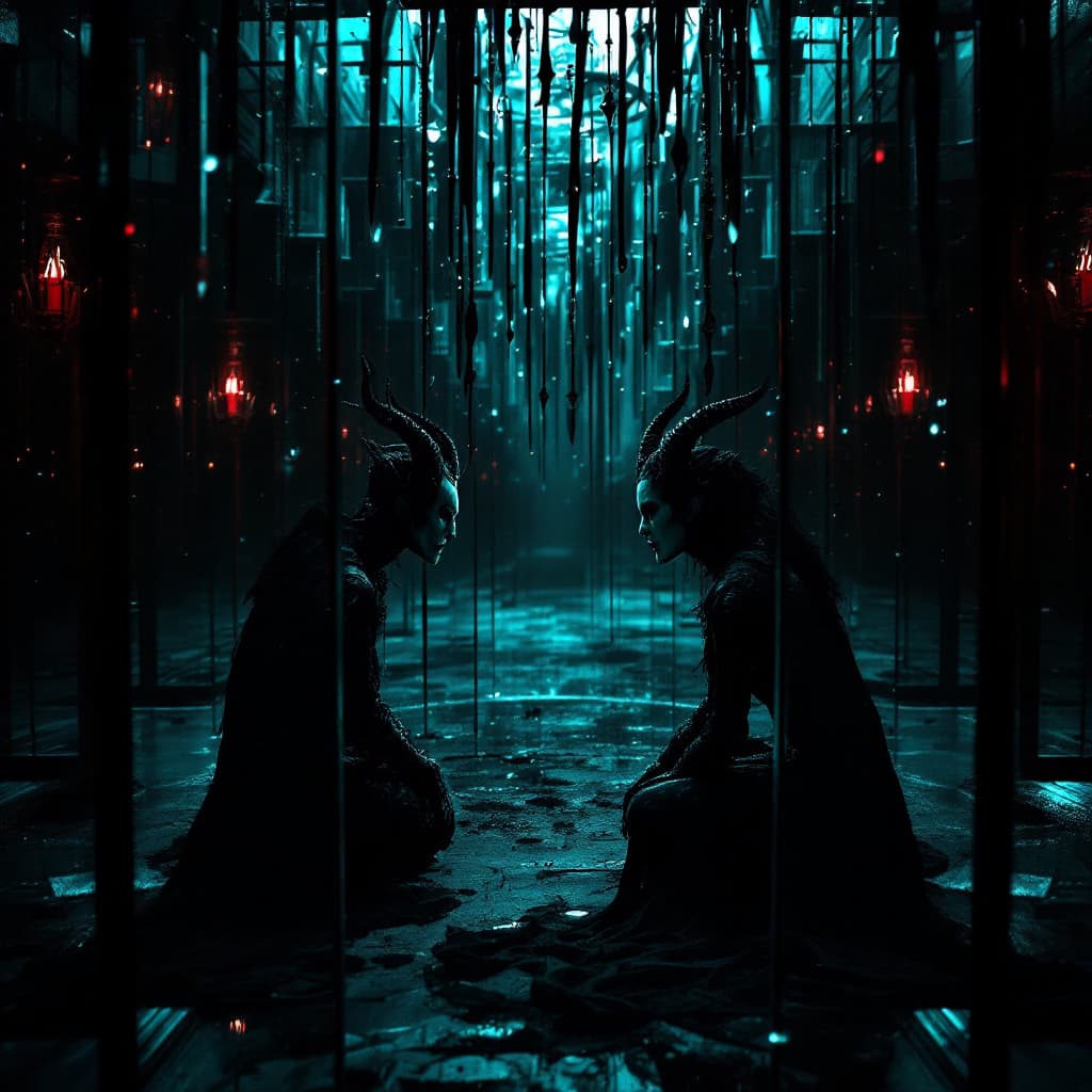 AI generated: (film grain), ultrarealistic 4k, photoart_style, (a demon and a goth witch are looking into an arran...
