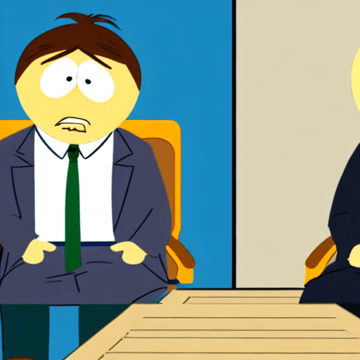 AI generated: Job interview. two people sitting at a desk, opposite each other. talking, one is very surprised, fl...