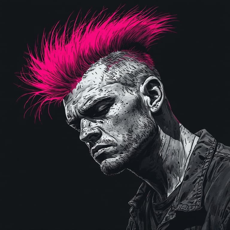 AI generated: A man with a vibrant pink mohawk is the central focus, his gaze directed downward in a moment of qui...