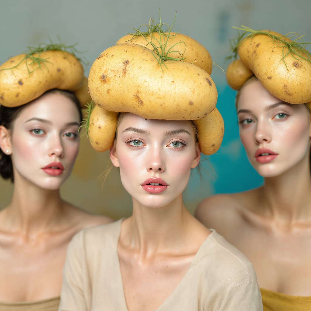 AI generated: Three photo models with potatoes on their heads. Potatoes on the floor.
