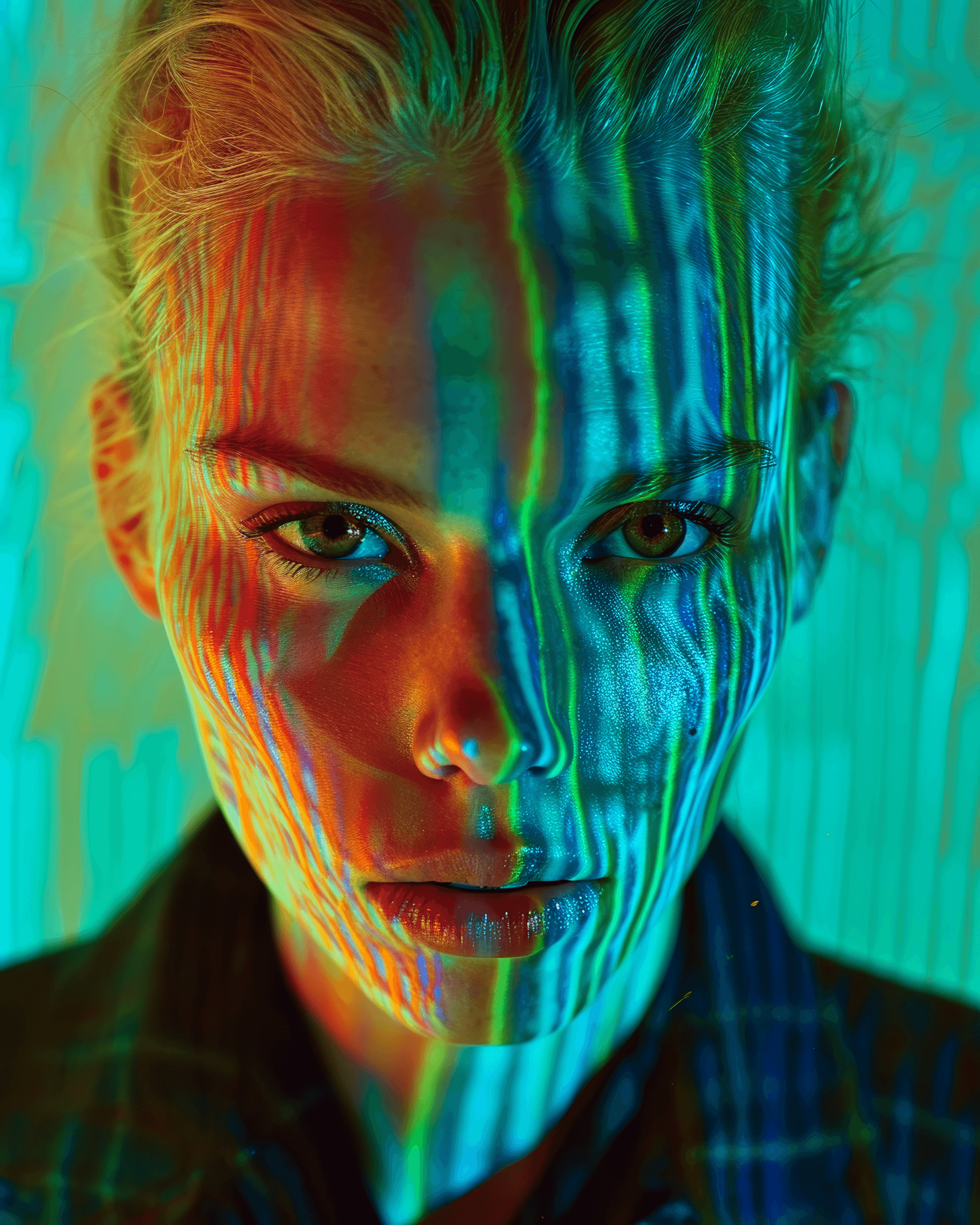 AI generated: front direct view portrait of blond woman head, brown eyes, metalic skin, disappearing into the pati...
