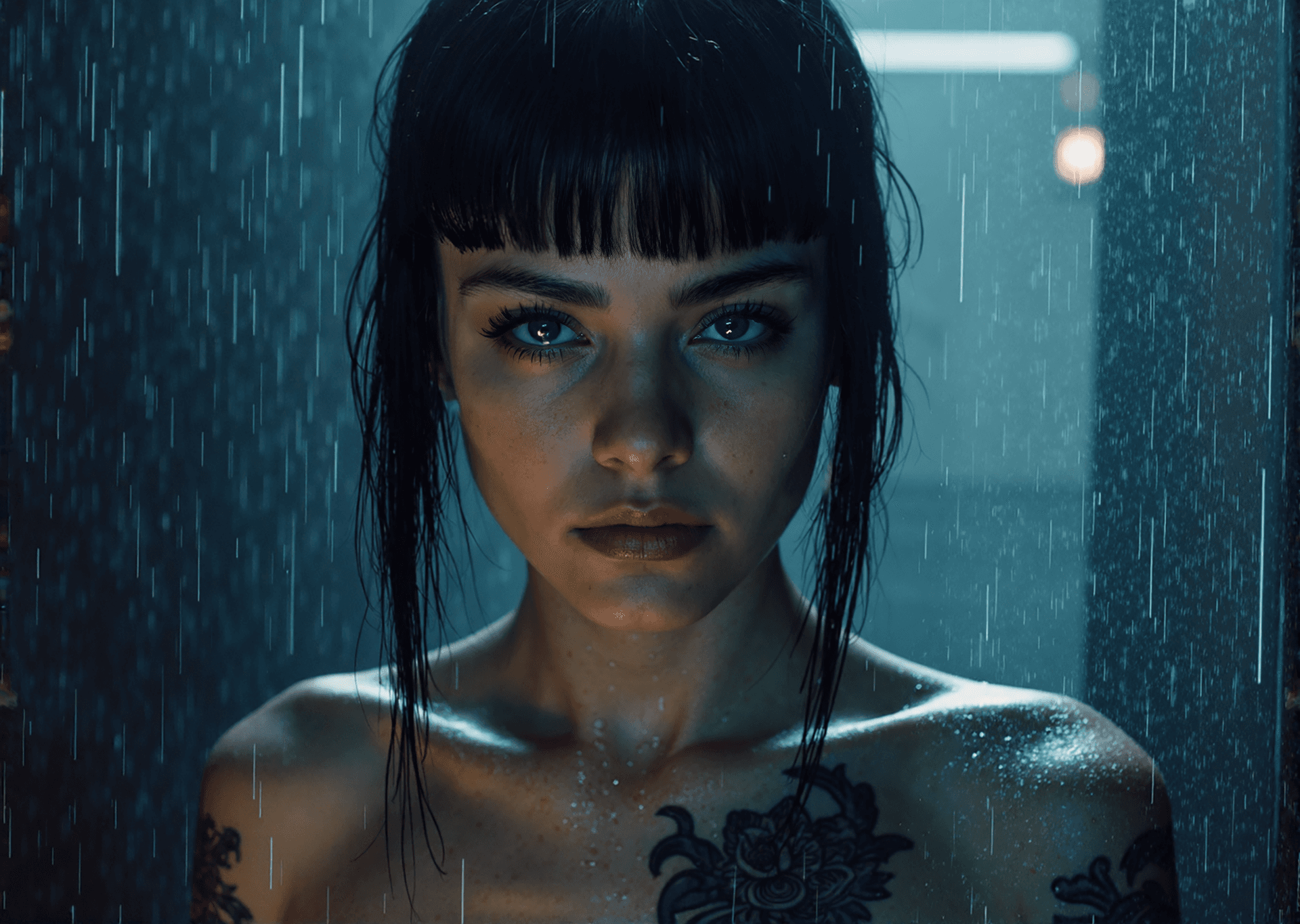 AI generated: Hyperrealistic close-up portrait of a young woman with wet black hair and short bangs, intense blue ...