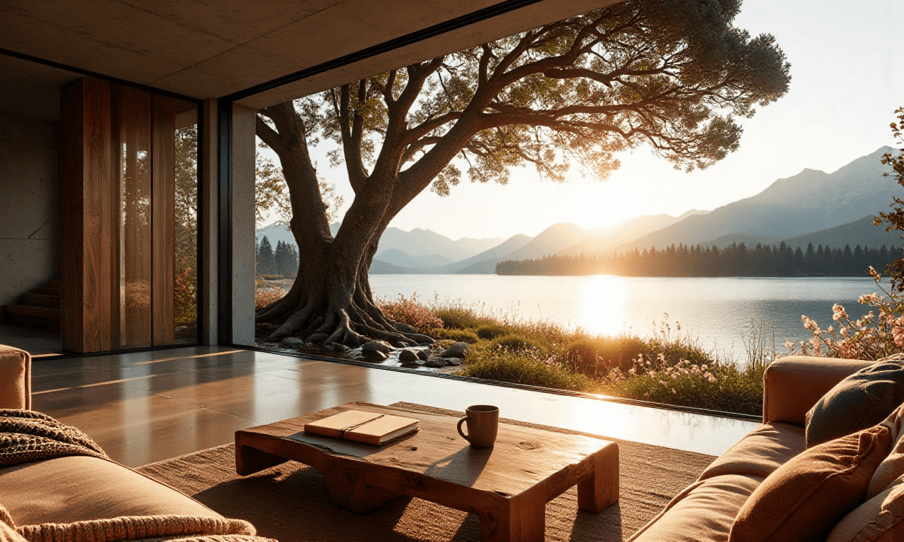 AI generated: ((ultra‑wide‑angle interior photograph))::1.4 of a welcoming eco‑modern living room where ((concrete...