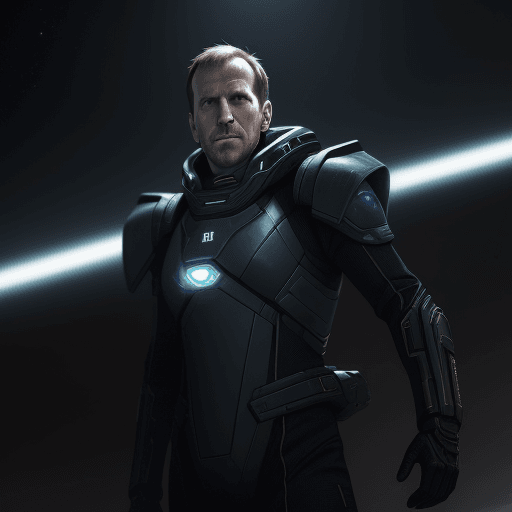 AI generated: sci-fi bild, muskelöser freundlicher mann, schielent, glatze, schwarzer vollbart, 8k