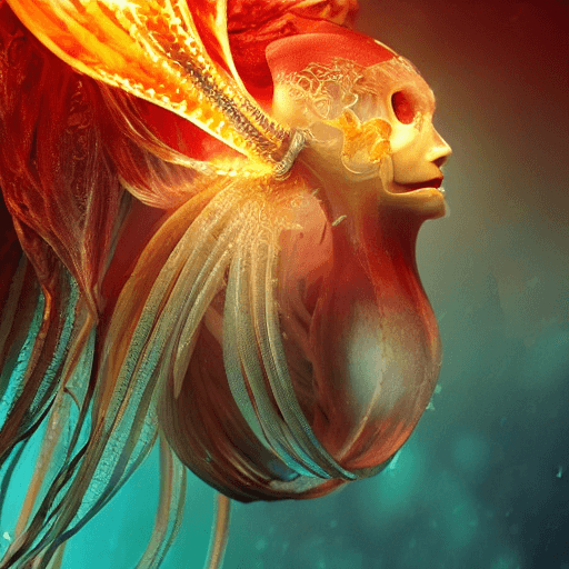 AI generated: Goddess close-up portrait ribcagel. jellyfish phoenix head, nautilus, orchid, skull, betta fish, bio...