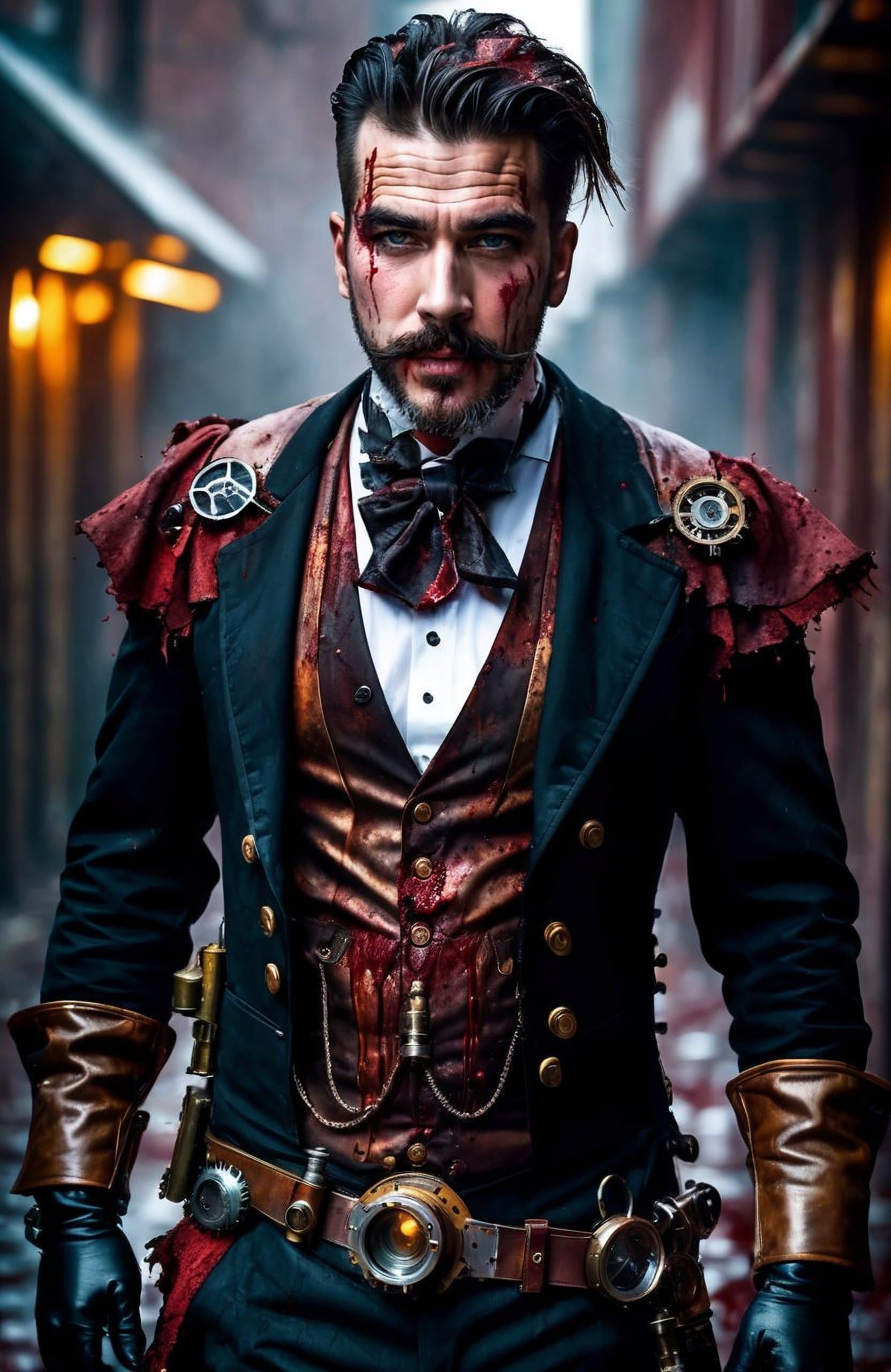 AI generated: handsome steampunk man, covered in blood, full body, apocalyptic background, facial hair, detailed f...