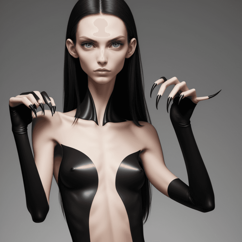 AI generated: photo of face an extremely skinny, flat-chested models with long black curved fingernails, claws,