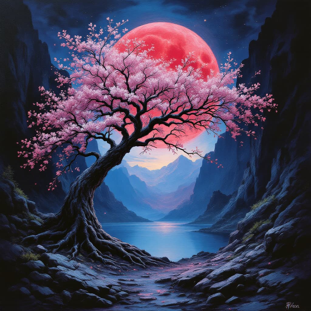 AI generated: impasto oil painting of a mystical landscape under the red moonlight. The scene should be illuminate...