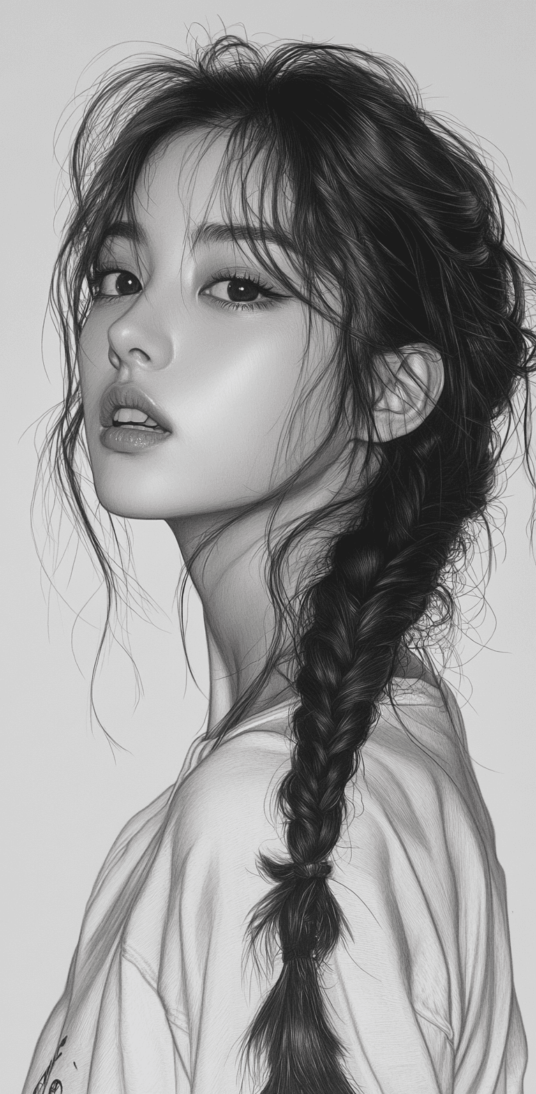 AI generated: A pencil sketch of an Asian woman with her hair in two braids, dressed as a Korean girl idol, wearin...