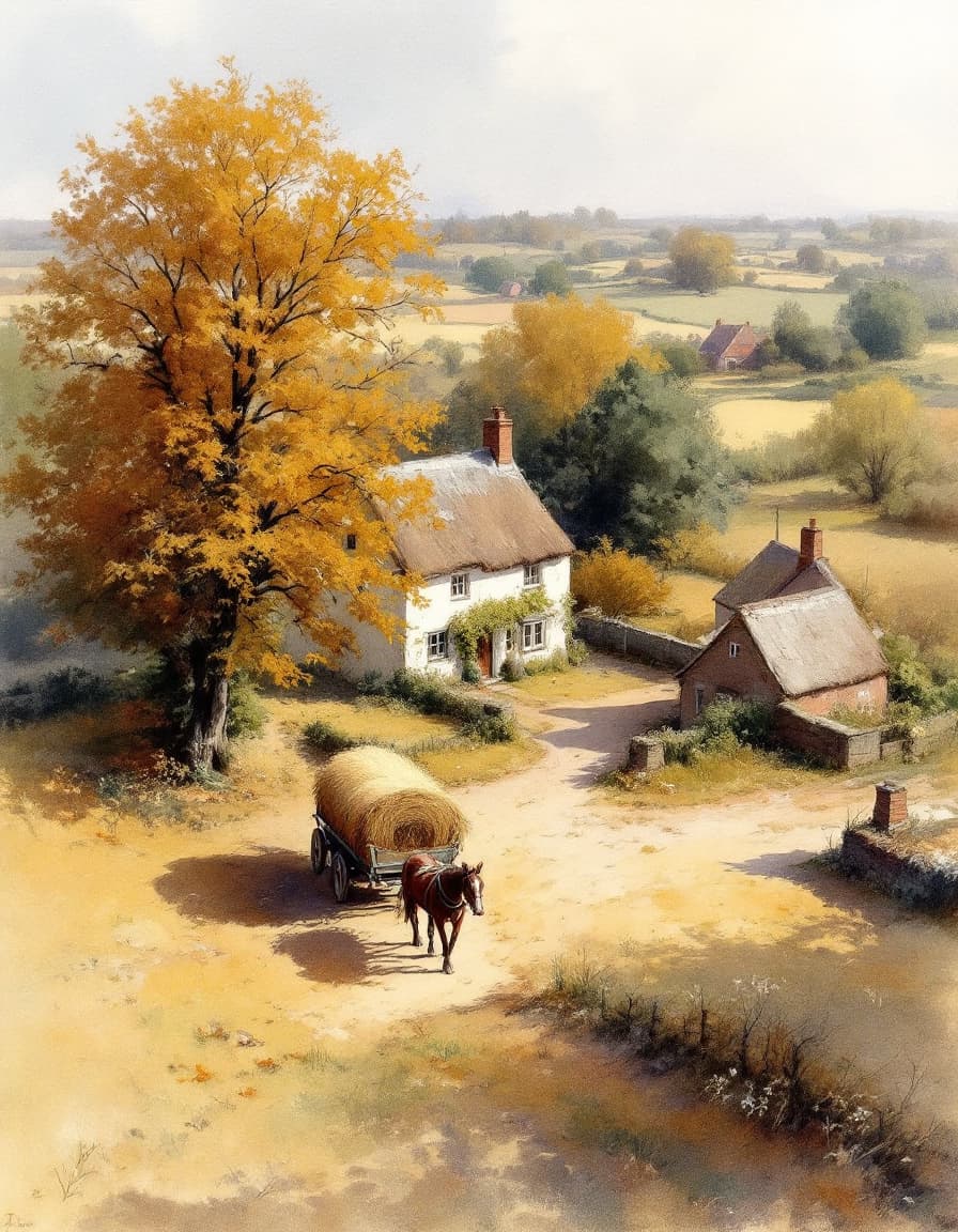 AI generated: a John Constable watercolor painting in a high angle perspective of a small hamlet in  Lankfordshire...
