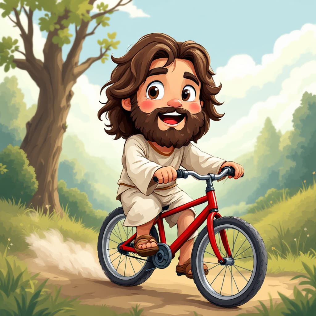 AI generated: cute cartoon jesus, riding bicycle 