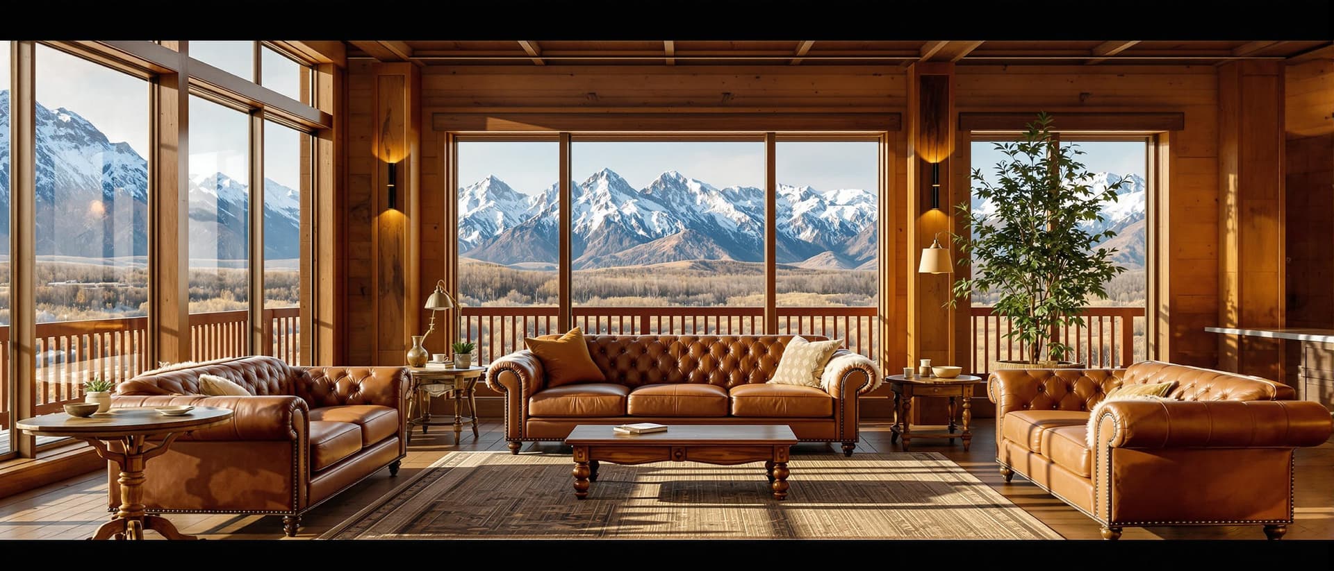 AI generated: High resolution photography interior design, dreamy western living room, wooden floor, large windows...