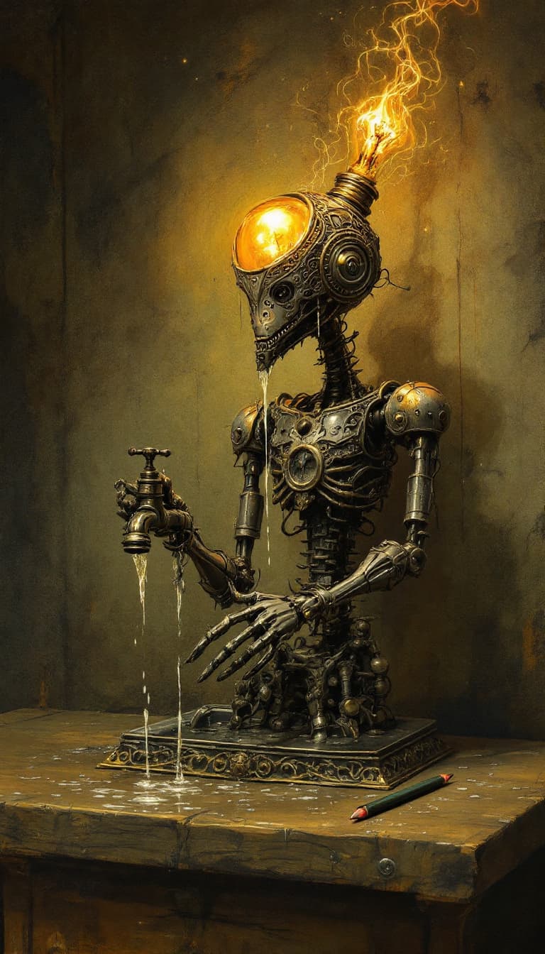 AI generated: A captivating dark fantasy illustration showcases an intricately designed metallic figure with a lig...