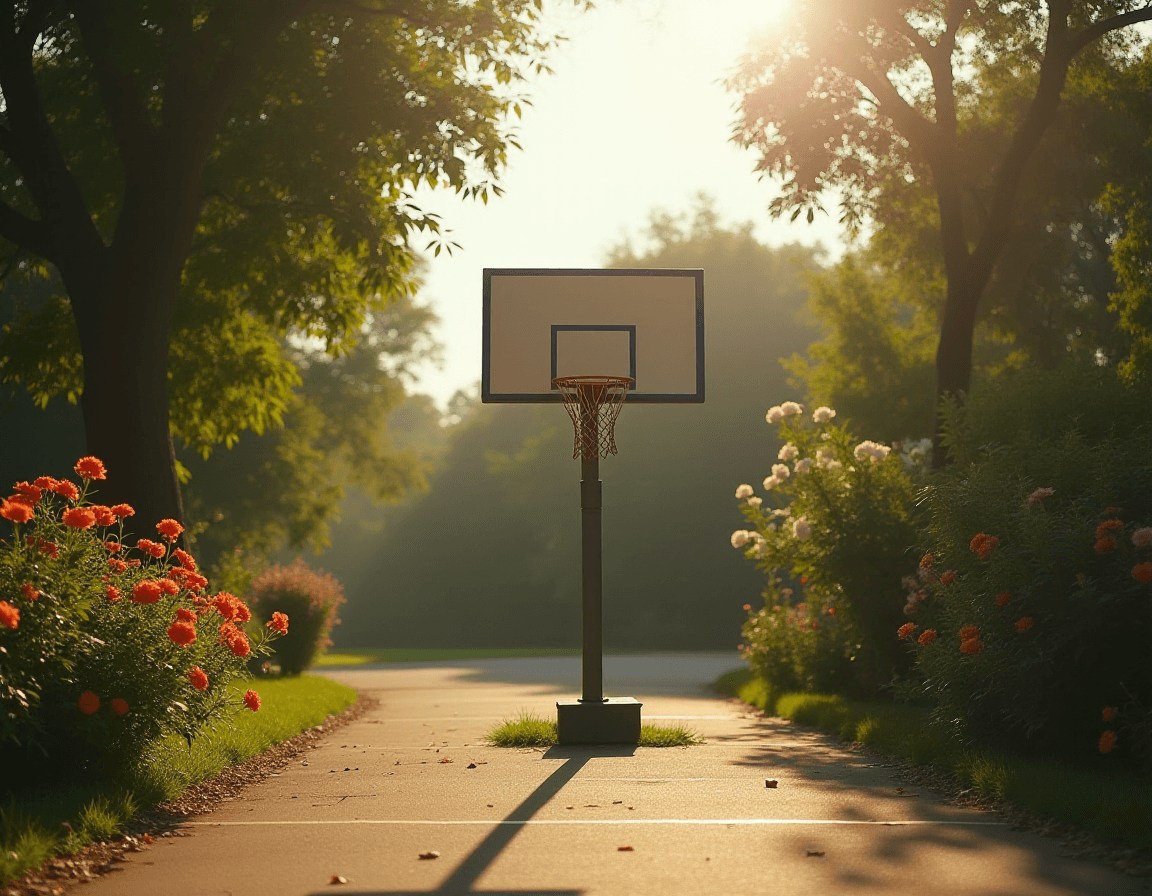 AI generated: street photography, outdoor setting, basketball hoop, lush greenery, bright sunlight, colorful flowe...