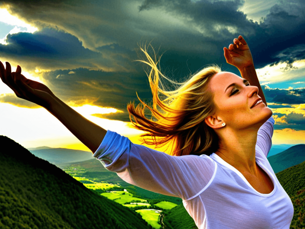 AI generated: 3/4 shot, photograph of, a woman, smiling, hands up in the air, blonde hair blowing in the wind, sun...