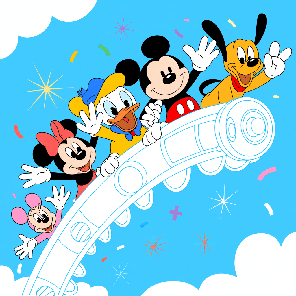 AI generated: dibujos animados de disney, el pato donal, pluto, mickey, minie, tribillin, alegres arriba de un tre...