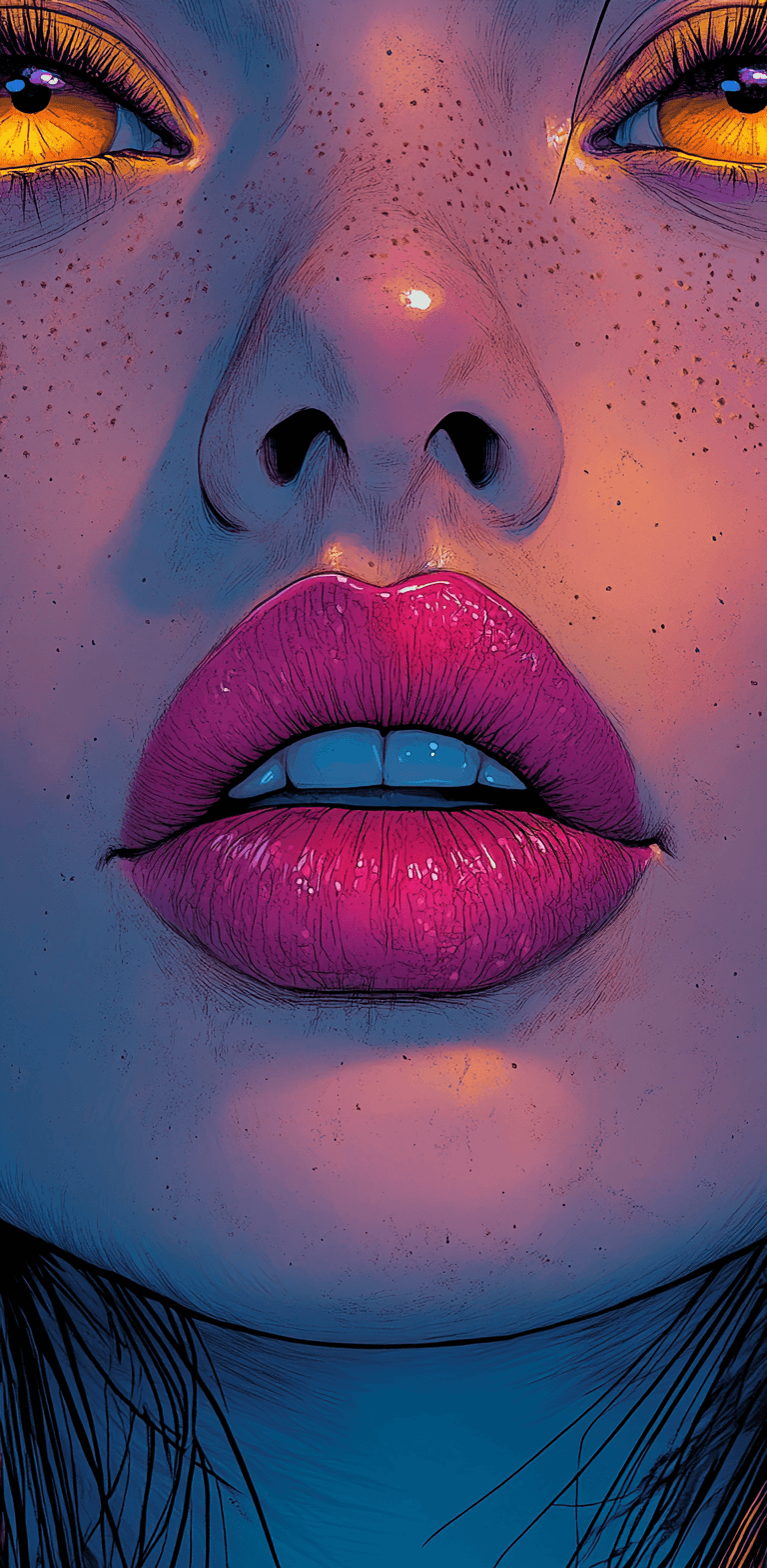 AI generated: A pop art comic book-style poster featuring a close-up of a womna's lips and eyes, comic book elemen...