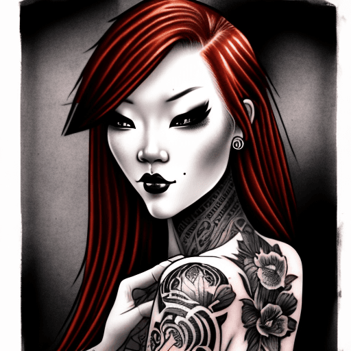 AI generated: a redhead woman with a tattoo on her arm and shoulder, in the style of mysterious beauty, algeapunk,...