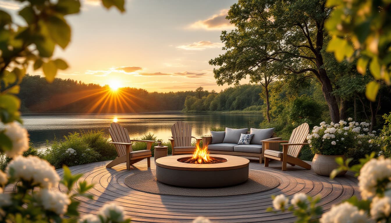AI generated: A serene lakeside scene at sunset, featuring a circular wooden deck with a fire pit at its center. T...