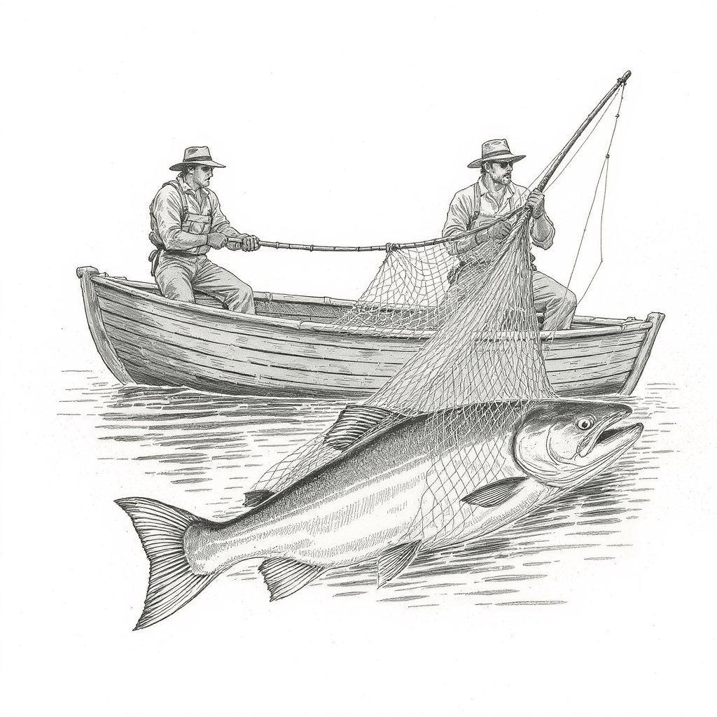 AI generated: A hand-drawn black ink illustration of two fishermen on a wooden boat pulling a fishing net with a l...