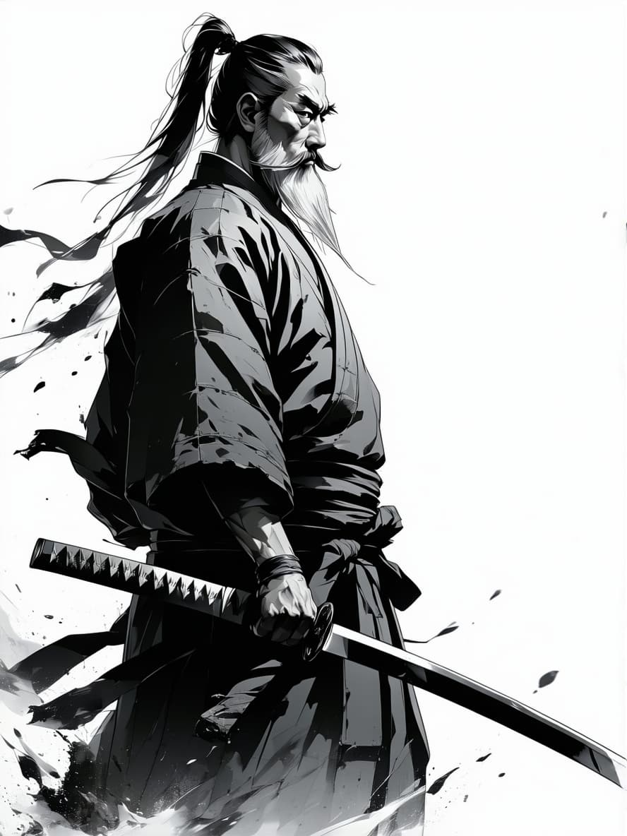 AI generated: anime draw, longbearded man dressed like a samurai, japanese style, black and white, simple linear d...