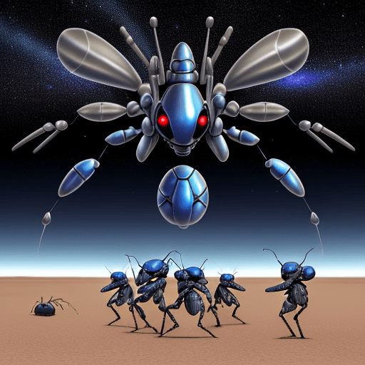 AI generated: army group, blue ant army group with silver armor invasion the planet, gunfire with red ant group, s...