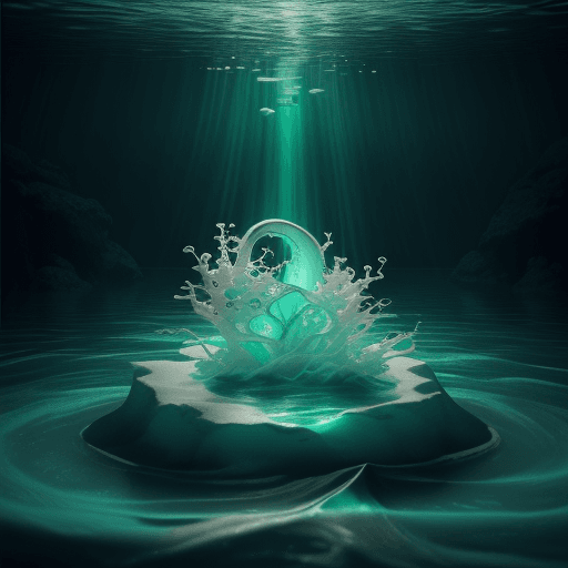 AI generated: render, letter [DJ], white color, under the water, swirling water currents, bright light emanating f...
