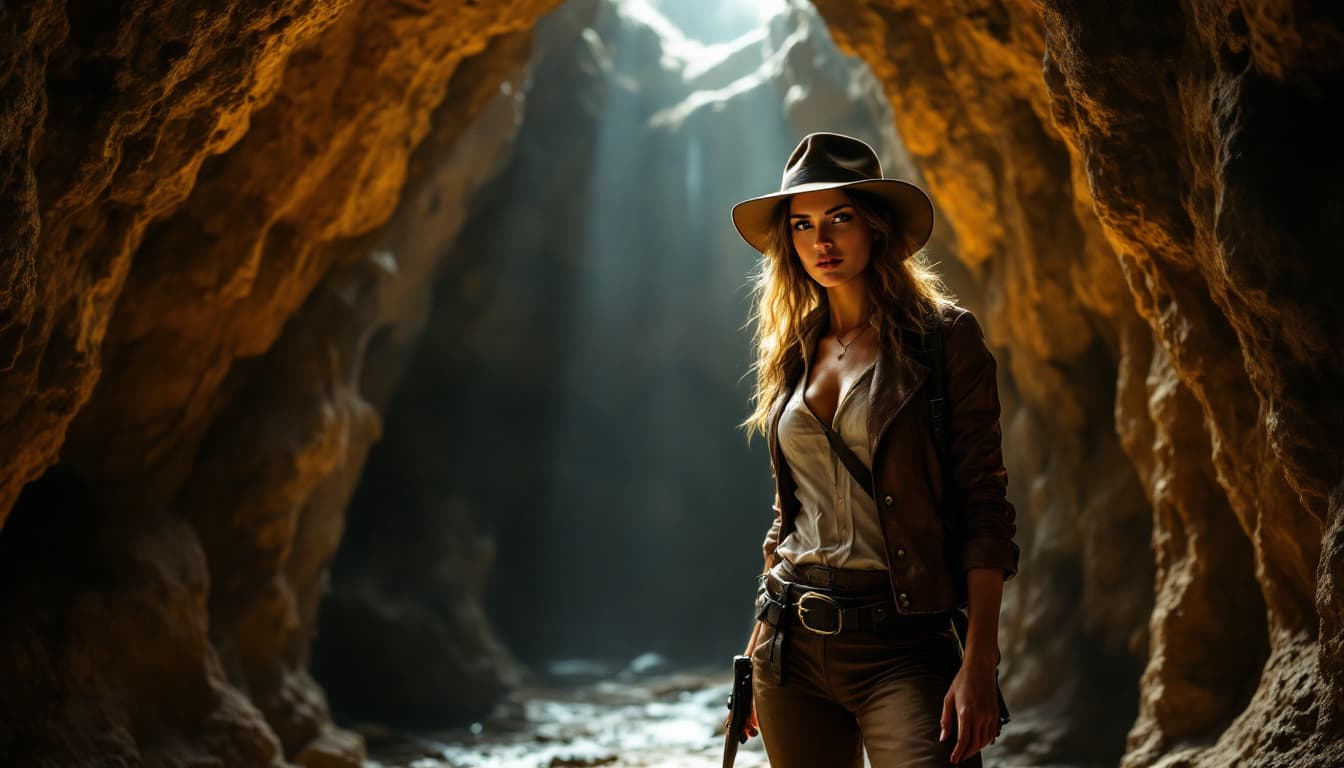 AI generated: This image depicts a beautiful stunning female Indiana Jones, posing heroically in a vast, dimly lit...