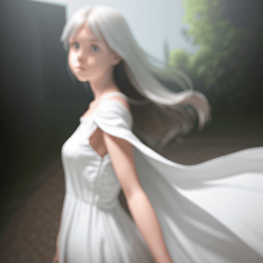 AI generated: A photo realistic girl in a white dress (facing away from the viewer) - reaching out towards a ghost...