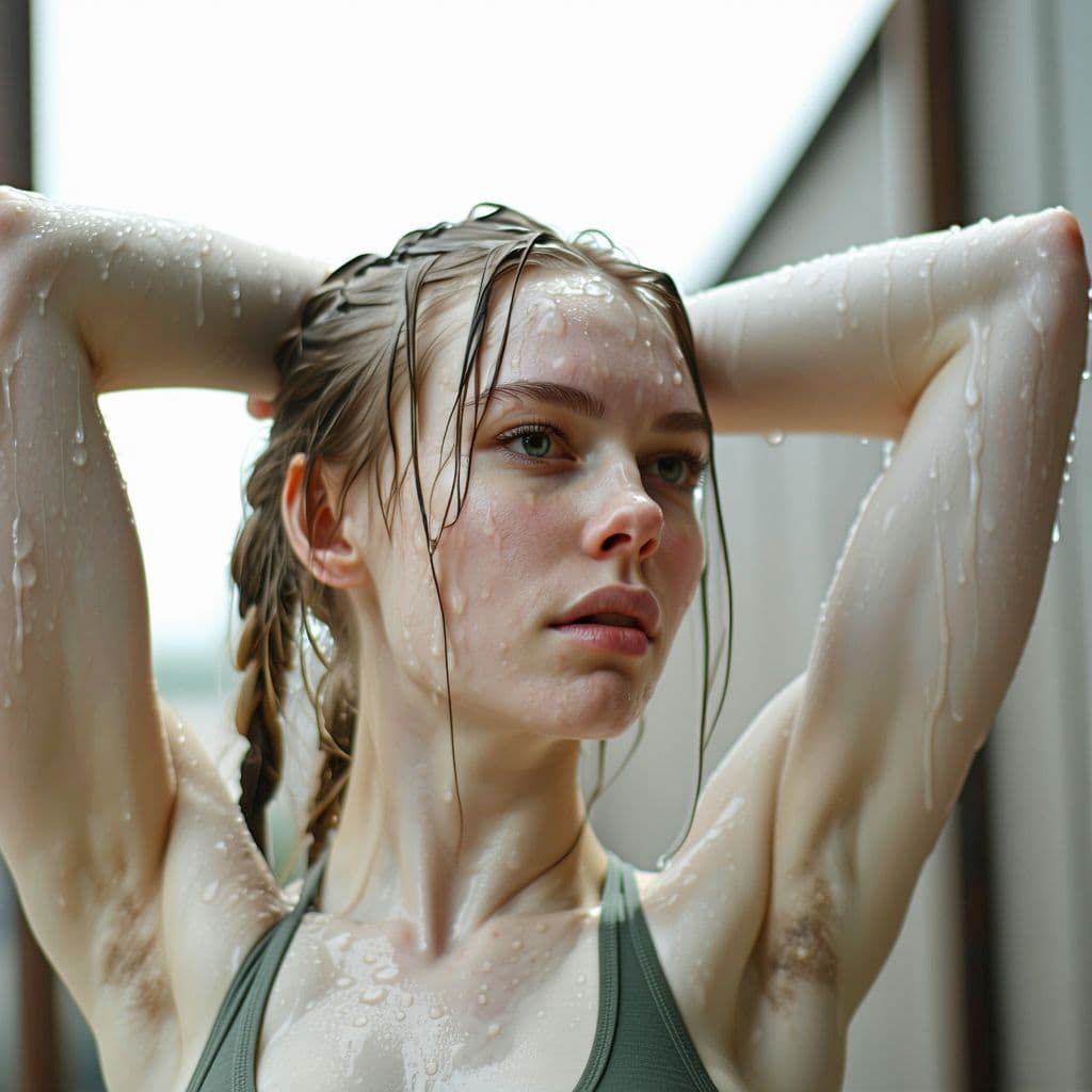 AI generated: Photo of a ultra realistic white female, arms up over head, head on shot, in tank top, close up 8k, ...