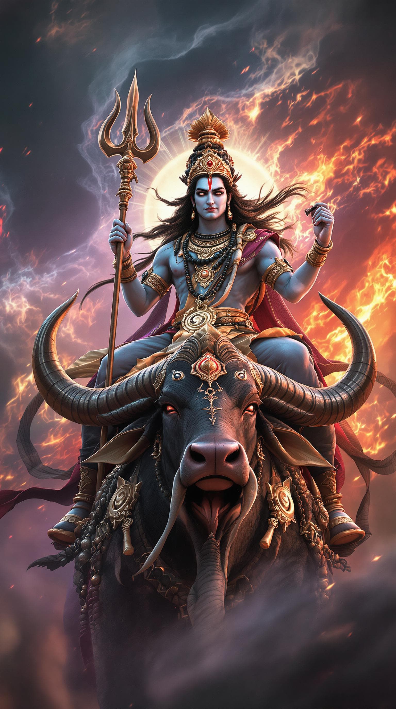 AI generated: A Full Body photo shot of a Lord Shiva warrior, riding on his majestic Nandi Bull, beautiful face, v...