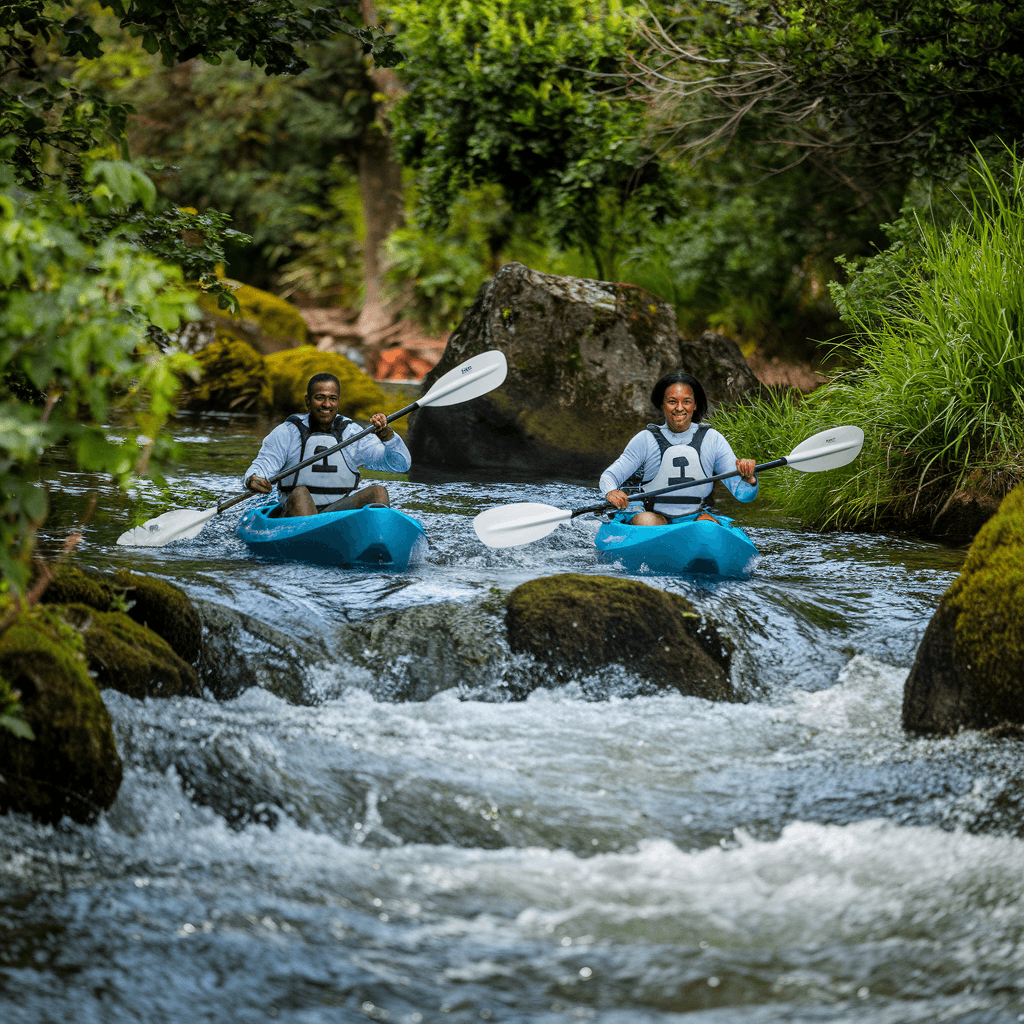 AI generated: One pretty African  female, and a handsome African Male Kayaking - Paddle through fast rushing strea...