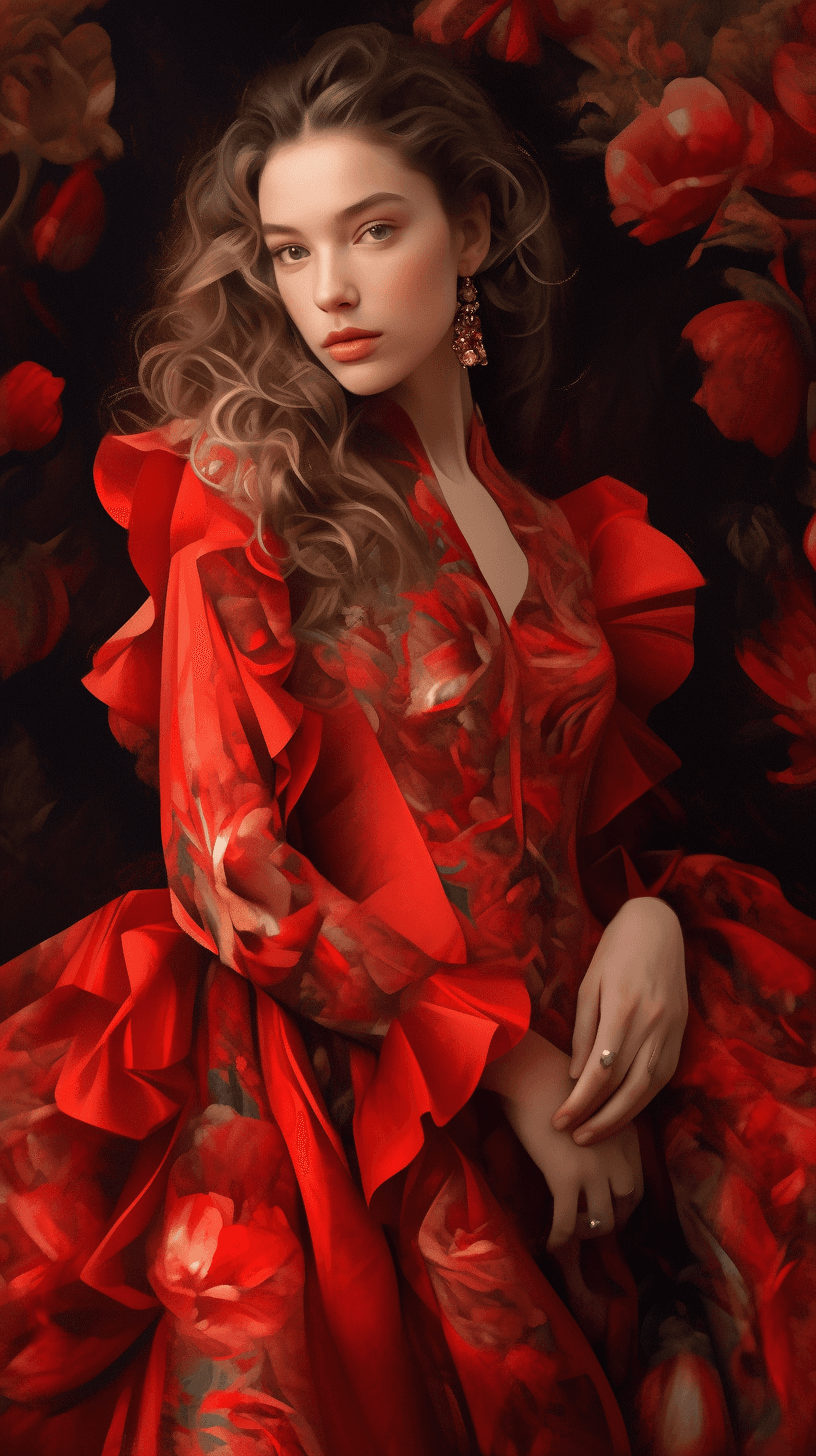 AI generated: The flower meets fashion, microscopy shot of Italian elegant model, Renaissance style, in neon red g...