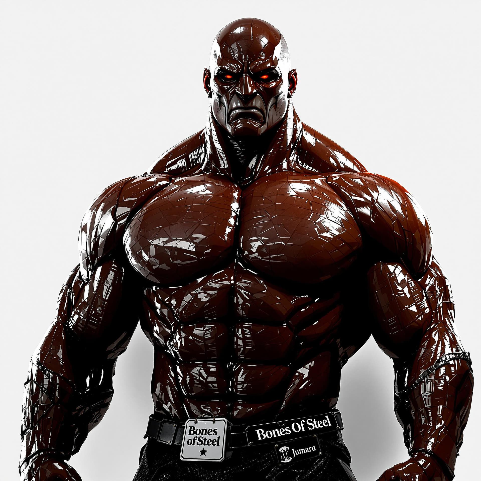 AI generated: Jumaru featured ,3d realistic, dark background, shiny, "BonesOfSteel" written on a tag on chest 