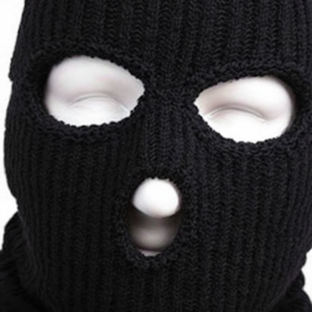 AI generated: black ribbed knit skimask with two holes for the eyes, one whole for the mouth
