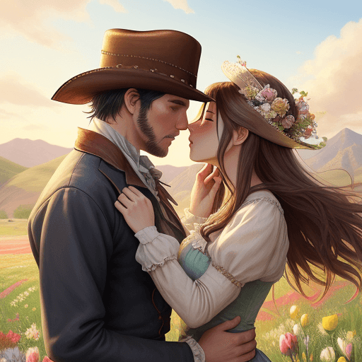 AI generated: Romance illustration, a couple sharing a passionate kiss, romance book, Wild west, set against a blo...