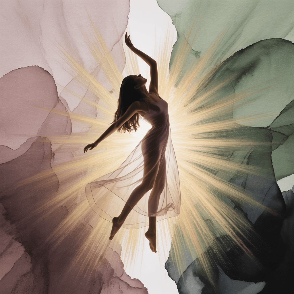AI generated: A translucent silhouette of a dancing woman, as if floating in a dense stream of sunlight. The light...