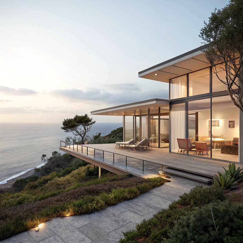 AI generated: Hyper realistic eye level exterior photo of a mid century modern style house overlooking the ocean, ...
