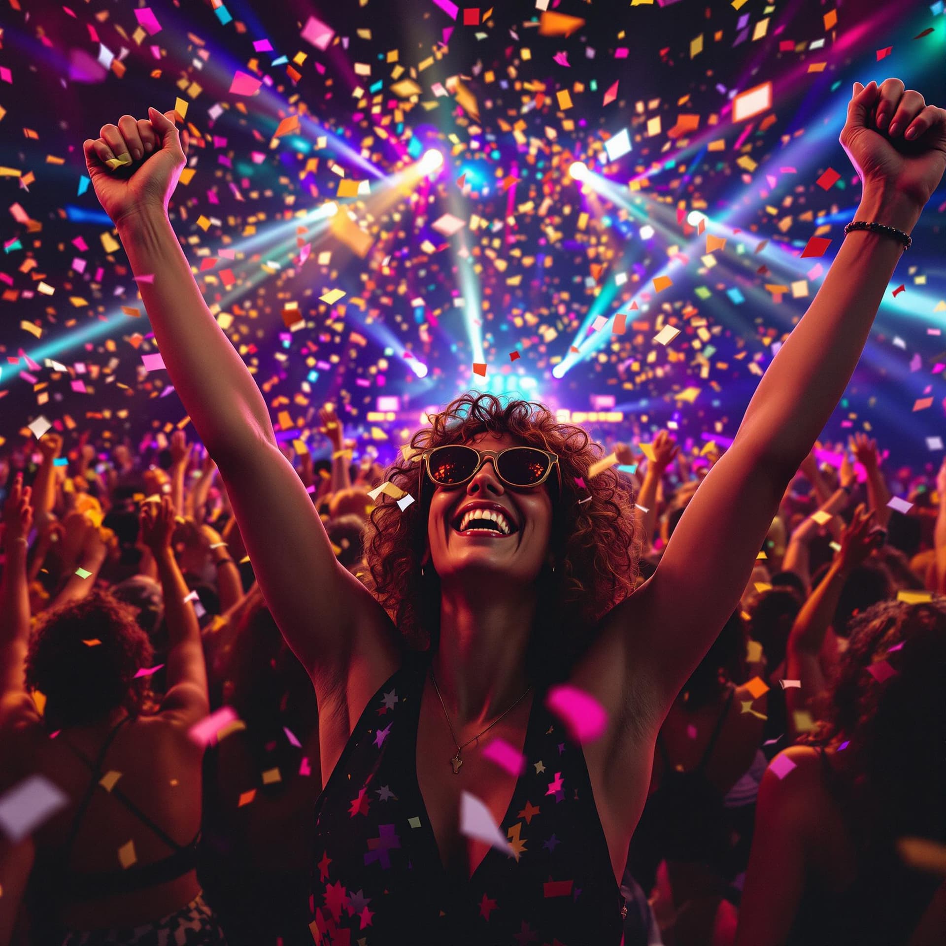AI generated: A vibrant and ecstatic crowd dancing at a nighttime music festival, bathed in colorful stage lights ...