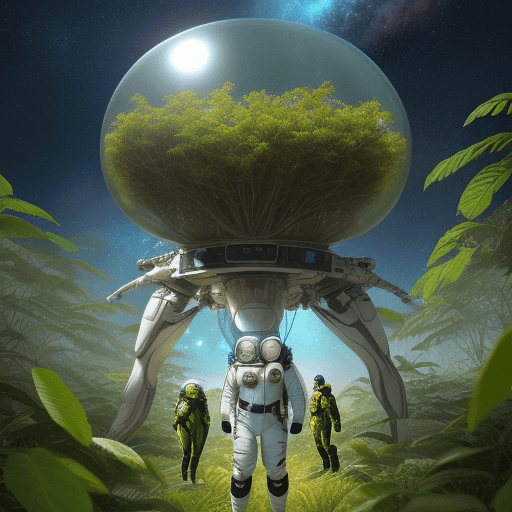 AI generated: Hyperrealistic flora & fauna of a sky forest with human explorers wearing protective space equipment...